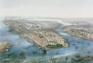 Luftaufnahme von New York und Brooklyn, graviert von T.H. Muller, veröffentlicht von L. Turgis, Paris, 1855